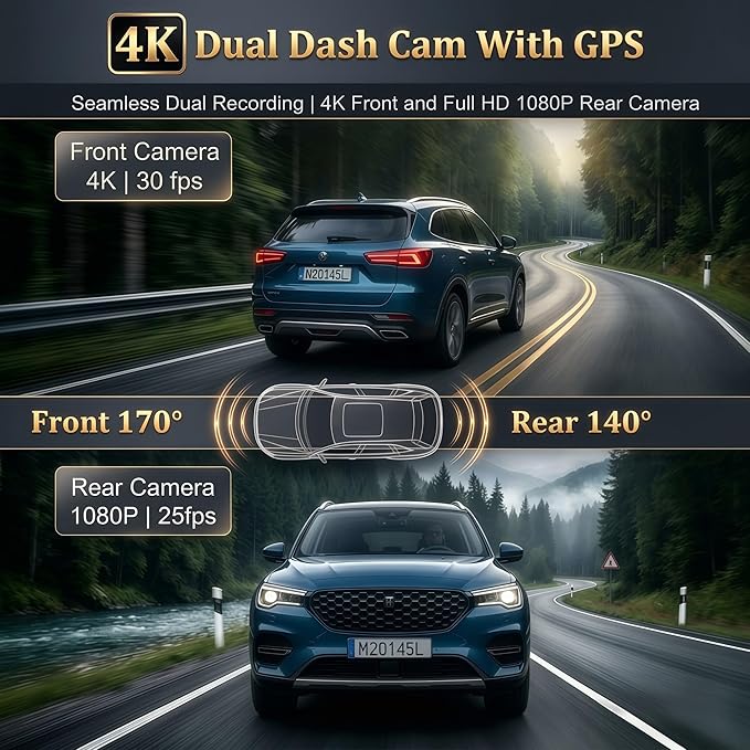 Dash Cam Front and Rear with GPS, 4K+1080P Dash Camera for Cars, 7Track Dual Car Camera with Built-in GPS Tracker, 64GB Card, 3.19" IPS Screen, WiFi, HDR, Night Vision, Parking Mode, Loop Recording