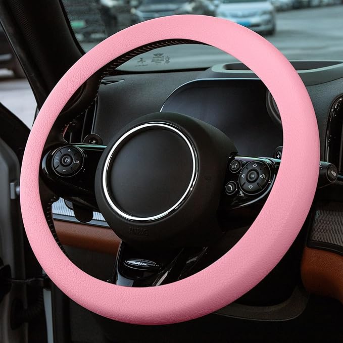 Spurtar Pink Steering Wheel Cover Women Girls, Soft Pink Car Accessories Thin Silicone Texture Cute Steering Wheel Covers, Fit Diamenter 15" - 16.5"