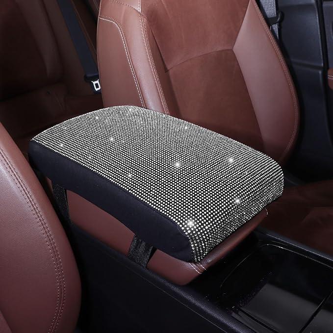 Bling Car Armrest Cover with Memory Foam Cushion Pad & Rhinestones, Universal Diamond Center Console Cover for Cars, Bling Middle Console Cover, Bling Car Accessories for Women, White