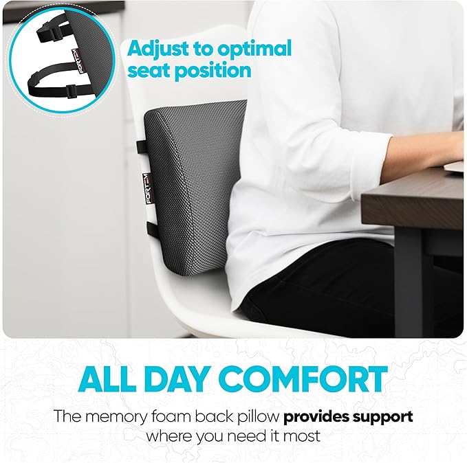 FORTEM Lumbar Support Pillow for Office Chair, Lumbar Support Pillow for Car, Back Rest for Gaming, Memory Foam Pillow, Desk Chair Cushion, Breathable & Washable Cover, Adjustable Straps