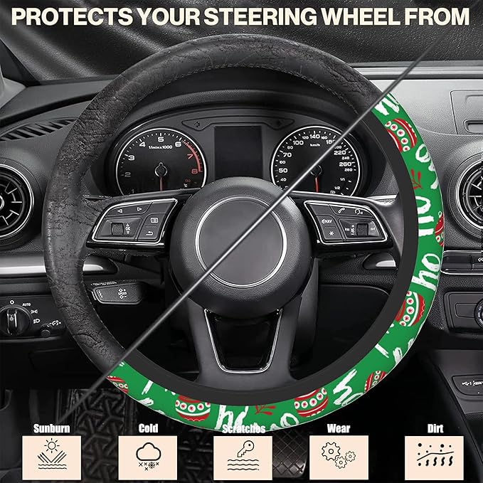 Christmas Ho Ho Ho Steering Wheel Covers Universal 15 Inch Car Wheel Cover,Anti-Slip Breathable Car Accessories Protector Fit for Trucks,Sedans,SUVs,Vans