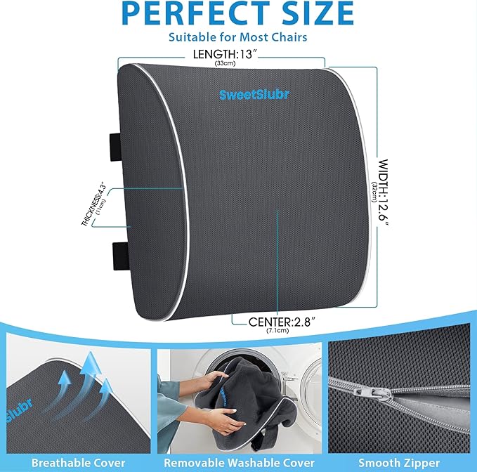 Lumbar Support Pillow for Office Chair, Car Seats and Home Desks, Ergonomic Back Support with Double Adjustable Straps, Machine Washable Cover, Grey
