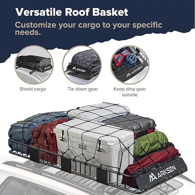 ARKSEN 84" x 39" x 6" Roof Rack Basket with Extension, 2 Cargo Net & Ratchet Straps, 150 lb Heavy-Duty Steel Cargo Carrier, Fits Crossbars up to 1.38" Thick, for SUV & Pickup Truck
