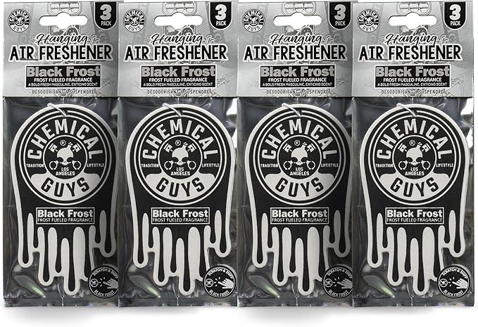 Chemical Guys Car Fresheners, Hanging Air Freshener, Black Frost Scent 12 Pack, Great for Cars, Trucks, SUVs, RVs, Home, Garage, Workspace, Dorm Room & More (4 x 3 Packs)