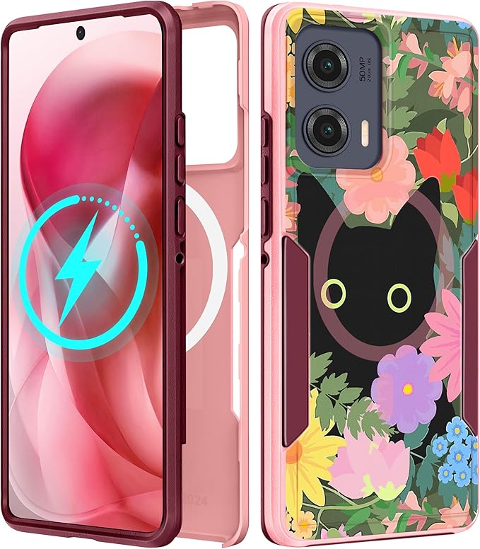 for Moto Edge 2024 Case - Compatible with MagSafe Women Girls Cute Magnetic Protective Phone Cover Kawaii Cat Flower Floral Heavy Duty Shockproof Design for Motorola Moto Edge 2024 Cases