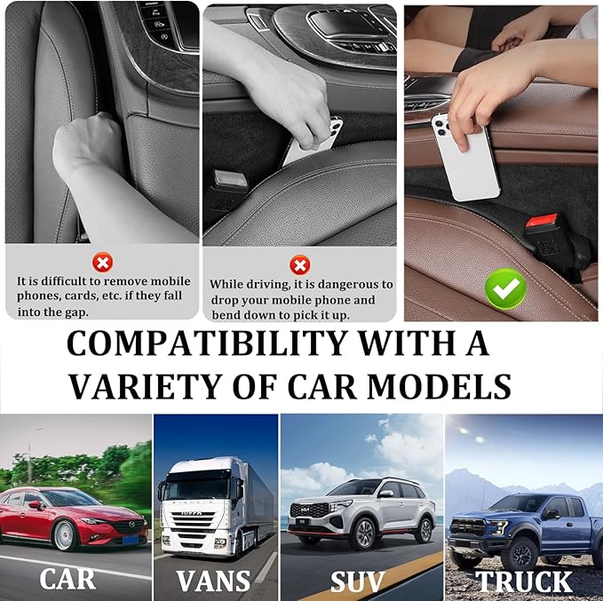2 Pack Car Seat Gap Filler, Universal Fit Car Seat Gap Plug to Fill The Gap Between Seat and Console, Car SUV Truck Accessories Interior Fit Organizer Stop Cellphone Wallet Keys Coins from Dropping