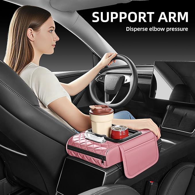 5 in 1 Car Center Console Cover, Armrest Pad with 2 Storage Pockets, Cup Holder, Tissue Box Slot, Phone Holder, Universal Car Interior Organizer (Pink)