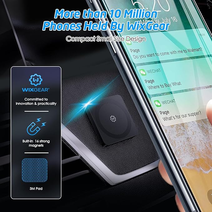 WixGear for MagSafe Car Mount, Phone Holders for Your Car & Magnetic Phone Holder for Car, Stick-On Design for Dashboard, Wall, Gym & Office, Universal Car Phone Holder with 1 Metal Plate