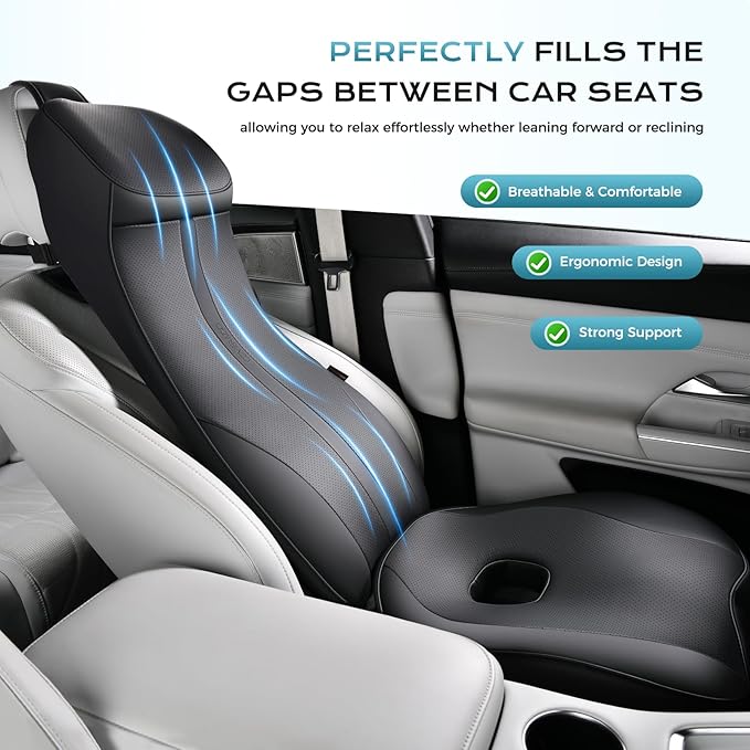 Coverado Car Seat Cushion and Lumbar Support Headrest Pillow One Piece, Ergonomic Memory Foam Car Neck Pillow & Back Support, Soft Leather Breathable Driving Seat Cushion Sciatica Pain Relief, Black