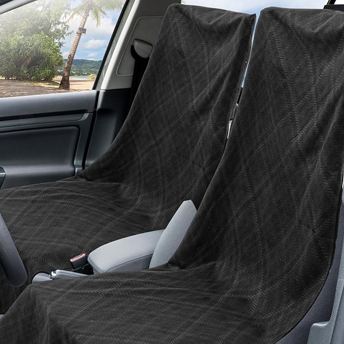 1 Pack Car Seat Towel Covers with Storage Bag 63 x 32 Inch Athletic Running Towel Seat Sweat Washable Non Slip Cover Gift for Car Outdoor Sport Activities (Black Plaid)