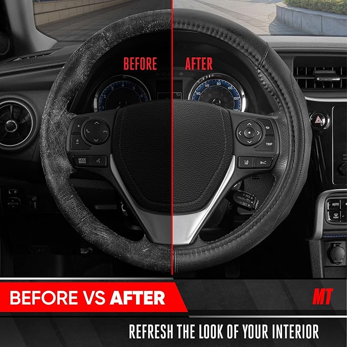 Motor Trend GripDrive Faux Black Leather Steering Wheel Cover for Car Truck Van SUV, Small 14 inch Size, Solid Black Stitched Car Steering Wheel Cover Vehicle & Auto Accessories