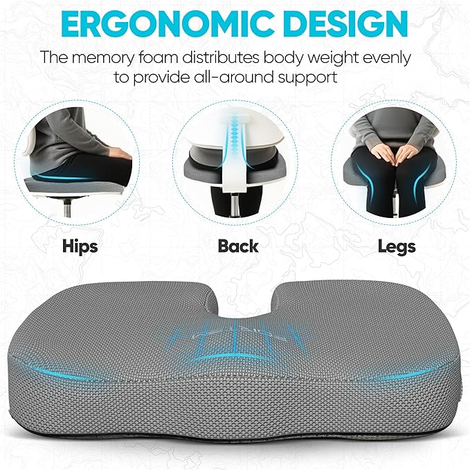 FORTEM Seat Cushion, Office Chair Cushion, Desk Chair Memory Foam, Sciatica Coccyx Tailbone Pain Relief, Pressure Relief, Sitting Pad, for Long Gaming & Sitting, Washable Cover, Non Slip, XL