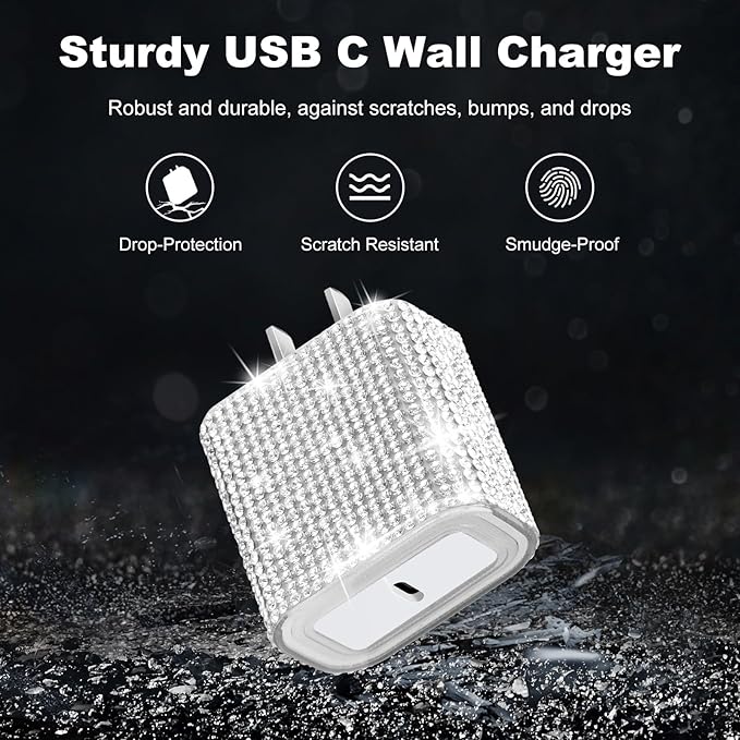 Aolcev for iPhone Charger Fast Charging Bling USB C Charging Block 30W Rhinestones Type C Charger Blocks for iPhone 17 16 15 14 13 12 iPad Bling Fast USB C Adapter for Samsung S26 S25 S24 S23 Sliver