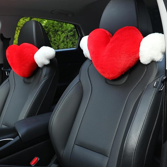2 Pack Heart Shaped Cute Car Headrest Pillow with Angel Wings - Comfortable Soft Head Rest Cushion Kawaii Car Accessories Neck Pillow for Driving Travelling Office Home Decor - Red Love Heart