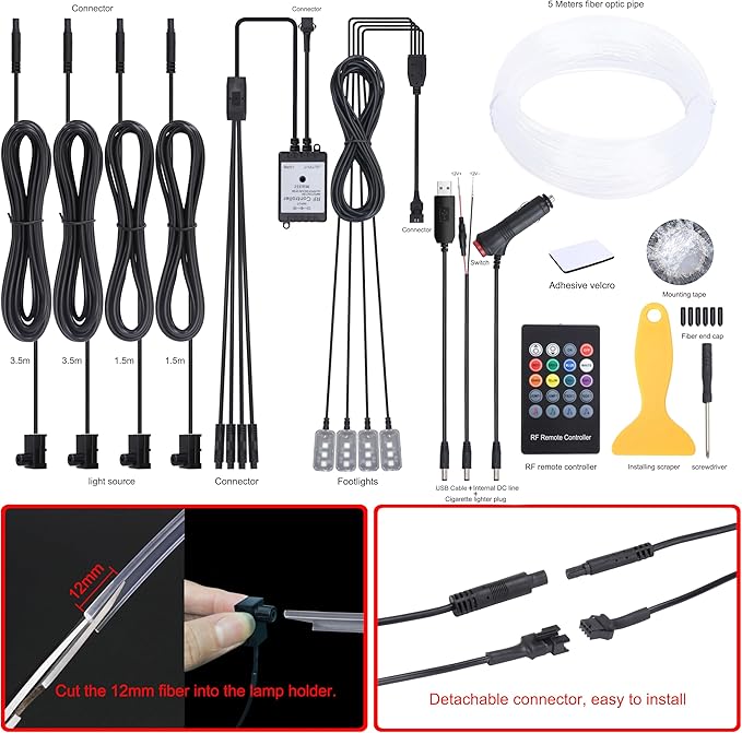 Car Atmosphere Light Kit 5m Fiber Optic Multicolor Sound Active Music Sync Memory Function RF Remote Controller Control 64 Colors USB Car Interior Footwell Ambient Lighting Kit