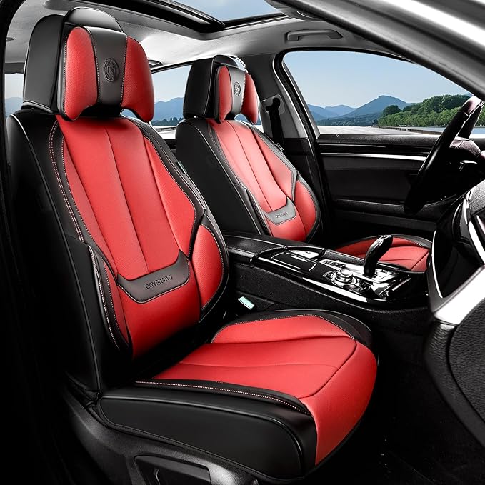Coverado Seat Covers, Car Seat Covers Front Seats, Car Seat Cover, Car Seat Protector Waterproof, Seat Cushion Nappa Leather with Head Pillow, Carseat Cover Universal Fit for Most Cars (Black&Red)