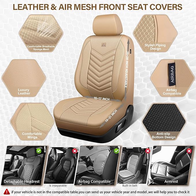 CAR PASS 3D Foam Mesh Leather Car Seat Covers Front Seats, Tan Breathable Front Seat Cover for Cars, Comfortable Universal Fit for SUV Truck Sedan Automotive Anti-Slip Airbag Compatible, All Beige