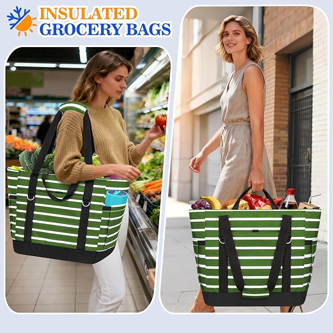 HUANLANG Soft Cooler Bag Insulated for Travel,Large Insulated Grocery Bags with Zippered Top,PEVA Collapsible Food Delivery Cooler Bag for Beach, Travel, Picnics