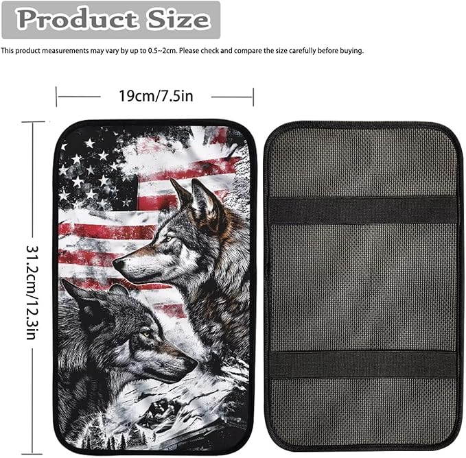 American Flag Wolf Car Armrest Cover Protector Dustproof Auto Center Console Cover Pad Universal Cars Armrest Seat Box Covers Cushion USA Flag Wolf Car Accessories Decor