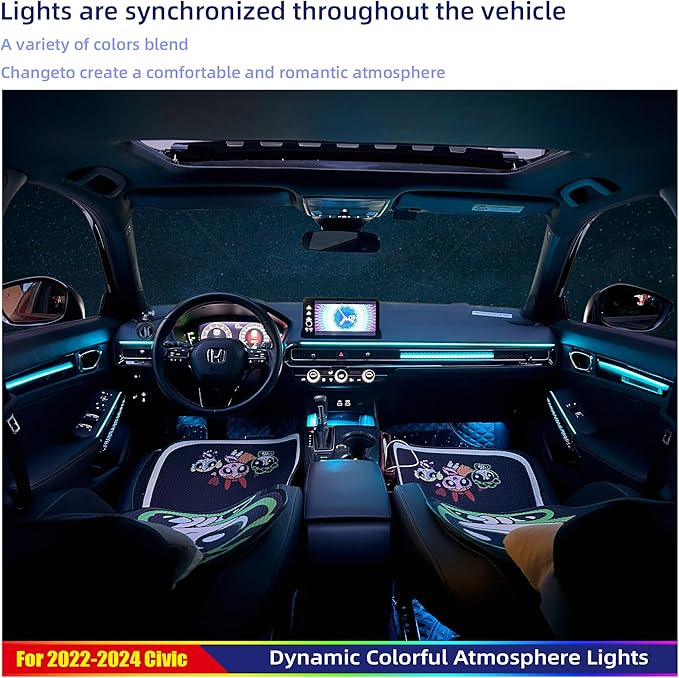 Ambient Lighting Kit for 11th gen Honda Civic，Interior Car Neon Lights for 2022 2023 2024 2025 Civic, Button and APP-Controlled RGB LED Strip Lights