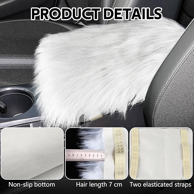 wuyaoyao Furry Car Armrest Cover, 12.1"×6.4" Soft Plush Car Center Console Cover, Winter Warm Fluffy Arm Rest Cover for Car, Auto Armrest Box Cover Protector, Universal Middle Console Pad (White)