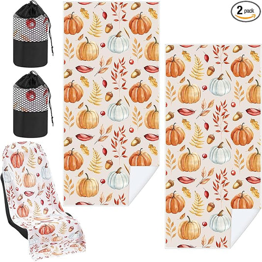 2 Pack Car Seat Towel Covers with Storage Bag 63 x 32 Inch Athletic Running Towel Seat Sweat Washable Non Slip Cover Gift for Car Outdoor Sport Activities (Pumpkin Pine Cones)