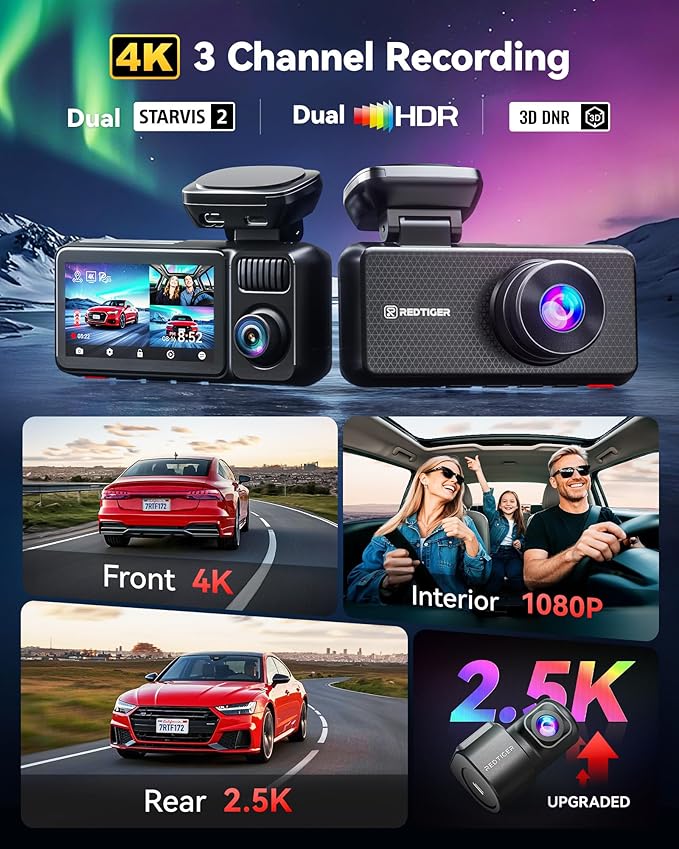 REDTIGER F17 Elite 4K Dash Cam 3 Channel, STARVIS 2 IMX678 & IMX675, 128GB Card, Full Night Color, 4K+2.5K+1080P Front and Rear Inside, Voice Control, 5GHz WiFi-30MB/s Download, GPS, HDR, Parking Mode