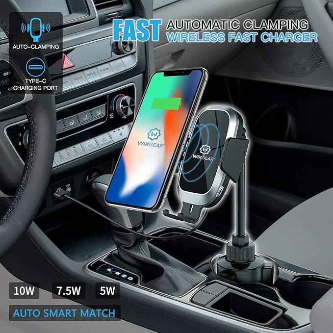 WixGear Wireless Car Charger, Auto-Clamping Fast Wireless Car Charger, Cup Phone Holder for Car, 10W Qi Fast Charging Compatible iPhone 11, Xs/MAX/XS/XR/X/8/, Samsung S10/S9/S8 Full Automatic Arms