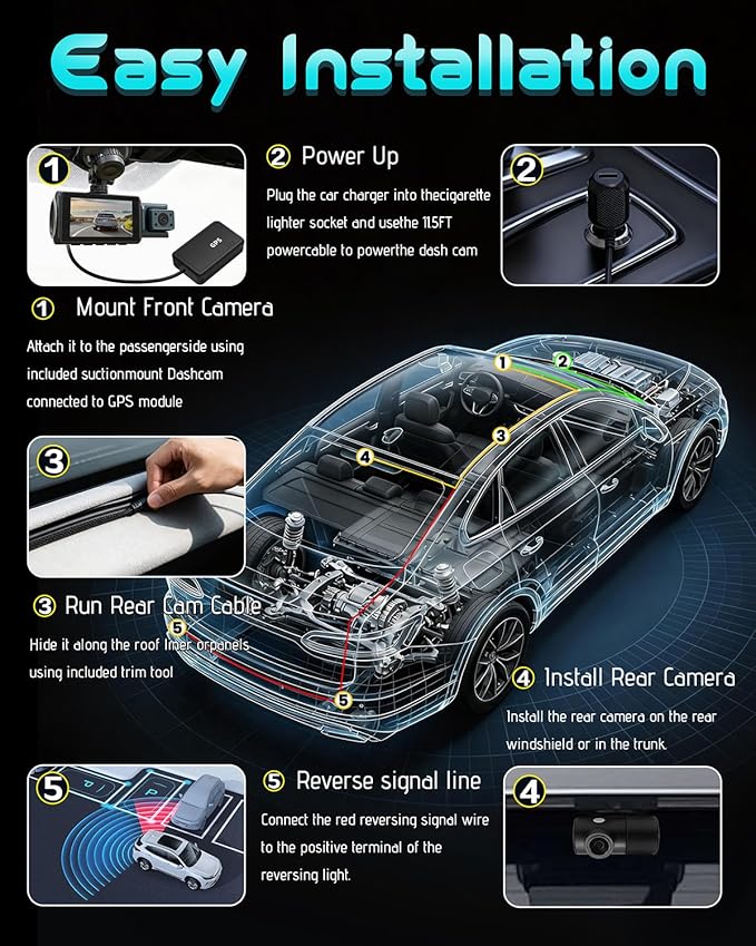 3 Channel Dash Cam Front and Rear, 4K+4K+1080P Car Camera, Free 128GB Card, Built-in GPS, ADAS, 5.8GHz WiFi & APP, Super Night Vision, G-Sensor, Loop Recording, 24H Parking Mode Dash Cam（Black）