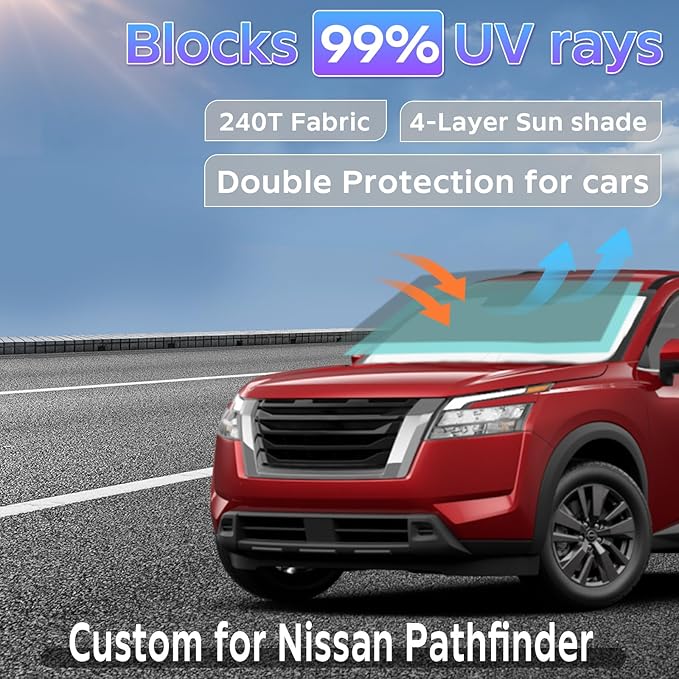 Sun Shade Sunshade for Nissan Pathfinder 2022-2025 2026 Windshield Cover 4-Layers Sun Shield 250T Silver Sun Visor Foldable Window Shade Blocks UV Rays Cooler Car Accessories