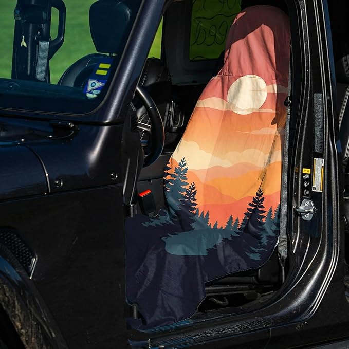 2 Pack Car Seat Towel Covers, Sweat Protector for Front Seats, Premium Thickened Microfiber with Great Smoky Mountains, Breathable & Quick Dry, Slip-on Headrest Pocket for Gym Running Universal Fit