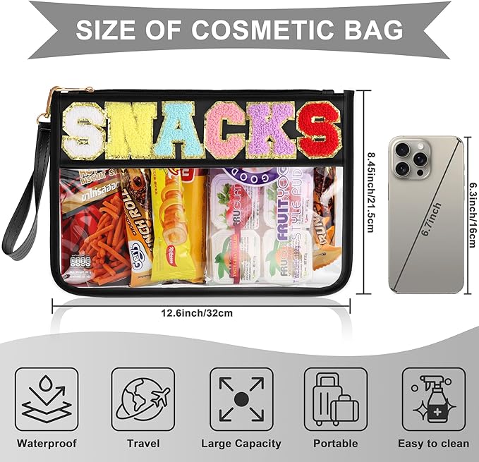 Snack Bag for Travel - Clear Chenille Varsity Letter Flat Pouch with Zipper, 12.2×8.46 inch Waterproof Clear Nylon Preppy Patch Makeup Cosmetic tote Bags for Women Girls