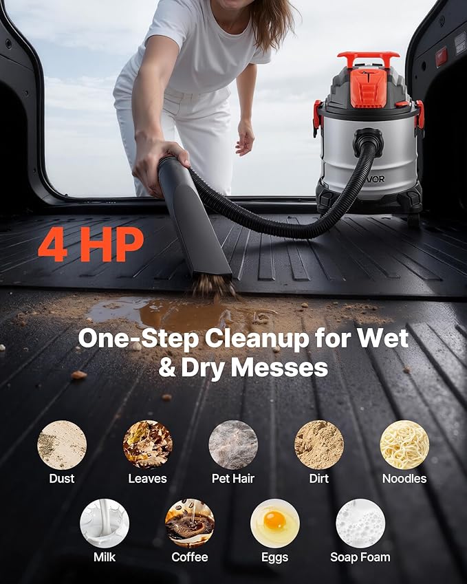 VEVOR Shop Vac, 5.8 Gallon Wet Dry Shop Vacuum, 4 Peak HP with One-Button Self-Cleaning, Dual-Filter, 900W Input Power, 1.25in x 7ft Hose, 9.8ft Cord, Metal Tank for Jobsite, Workshop, Garage, Home
