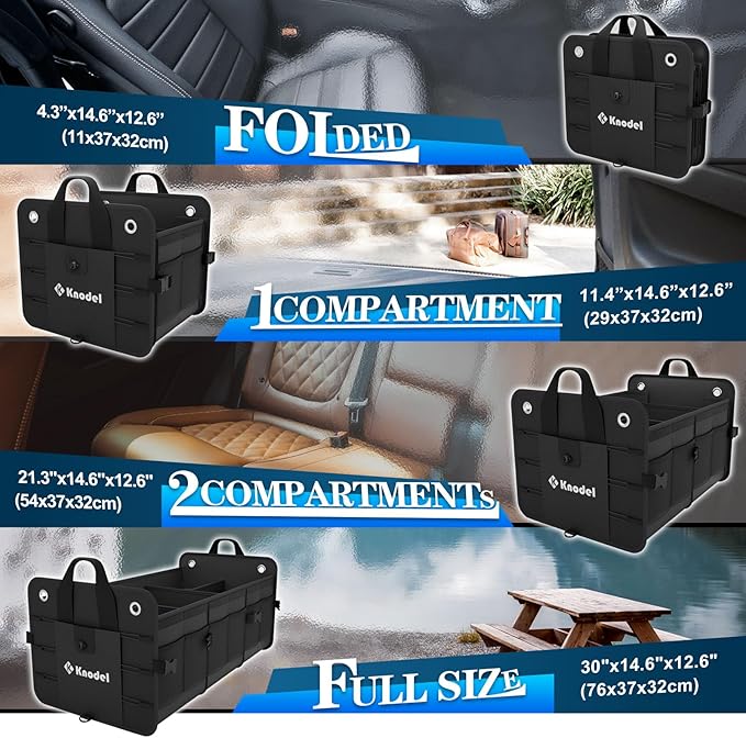 K KNODEL Car Trunk Organizer, Foldable Cover, Heavy Duty Collapsible Truck Storage Organizer, Car Cargo Trunk Organizer with Lid, 3 Compartments, with Straps (Black)