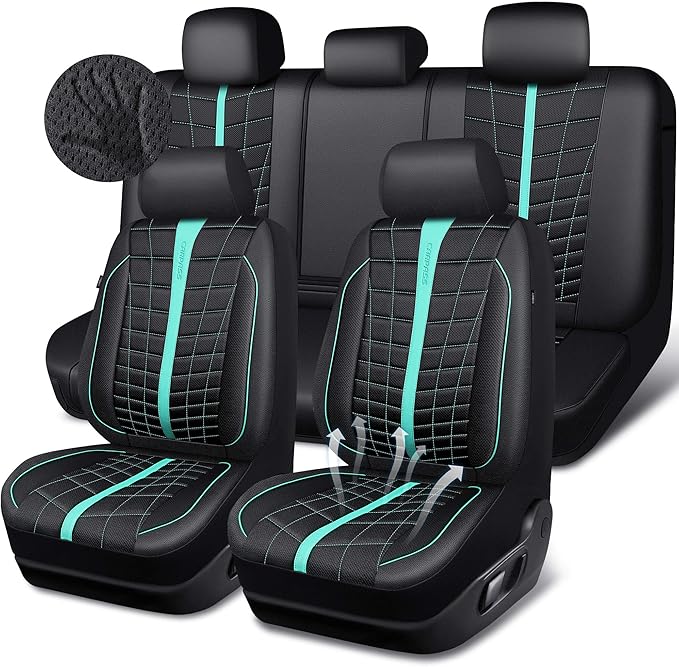 CAR PASS 3D Foam Mesh Leather Car Seat Covers Full Set, Breathable Premium Leather Seat Covers for Car,Anti Slip Universal Fit for Trucks Cars Sedans Vans SUVs, Airbag Compatible, Black Mint