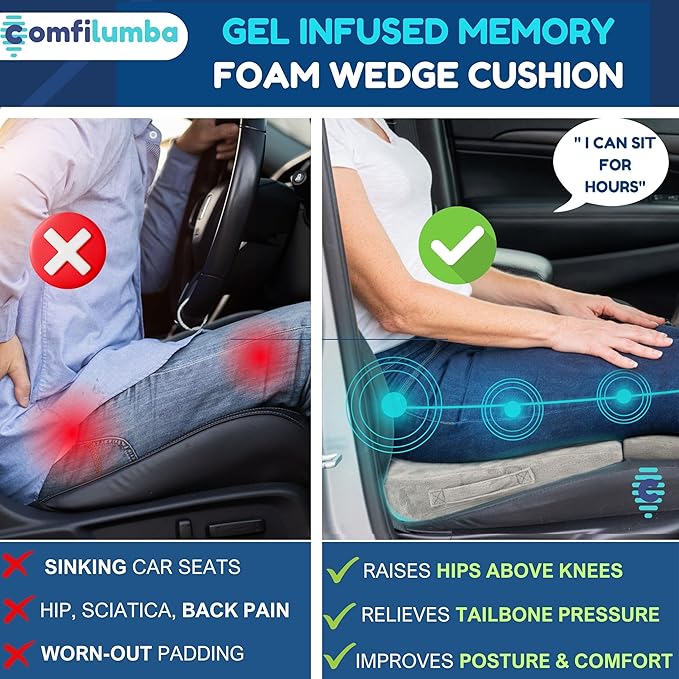 Car Seat Cushion - Firm Memory Foam Wedge Car Seat Cushions for Driving - Sciatica & Back Pain Relief for Long Drives - Auto Seat Cushion 17x17x3