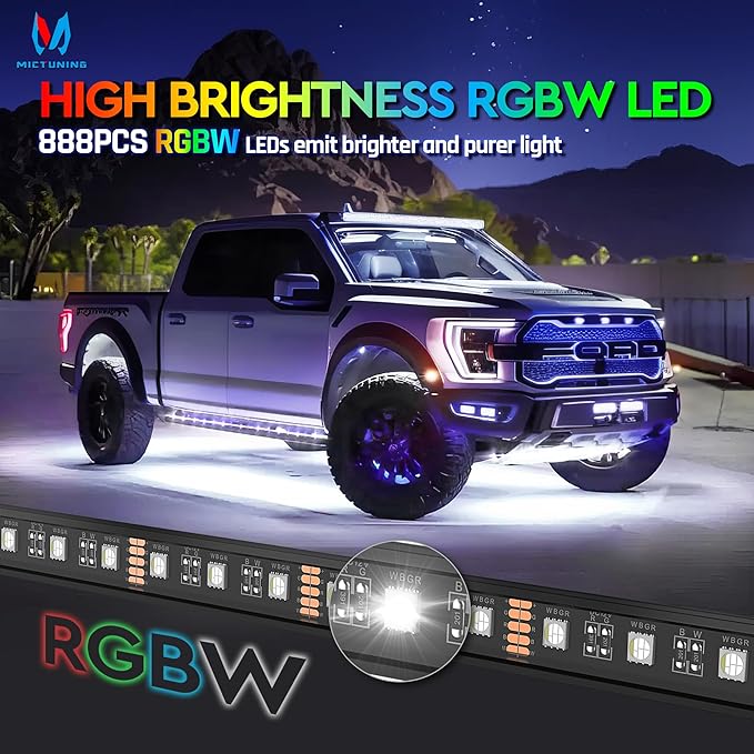 MICTUNING N8 RGBW Underglow Chasing Lights for Car with Remote & Key Fob Dual Control, IP68 Waterproof Rigid Aluminum LED Light Bar, Exterior Neon Accent Underbody Light Kit Multicolor Mode