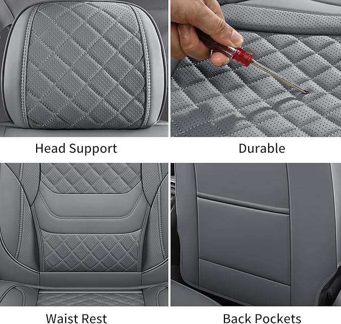 Chezope Car Seat Covers Full Set, Grey Leather Seat Covers, Breathable Front and Back Car Seat Protectors, Wear-Resistant Seat Covers Universal Fit for Most Cars SUV Truck (Grey-Diamonds, Full Set)