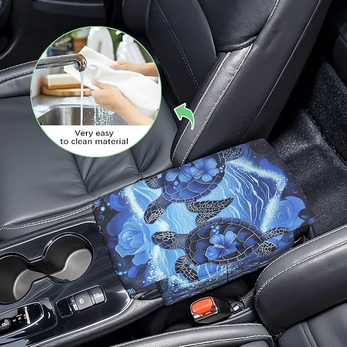 Wanyint Sea Turtle Hibiscus Car Center Console Cover Soft Armrest Cover Cushion with Pockets Storage Bag Scratch Resistant Arm Rest Covering Middle Console Pad Car Decor