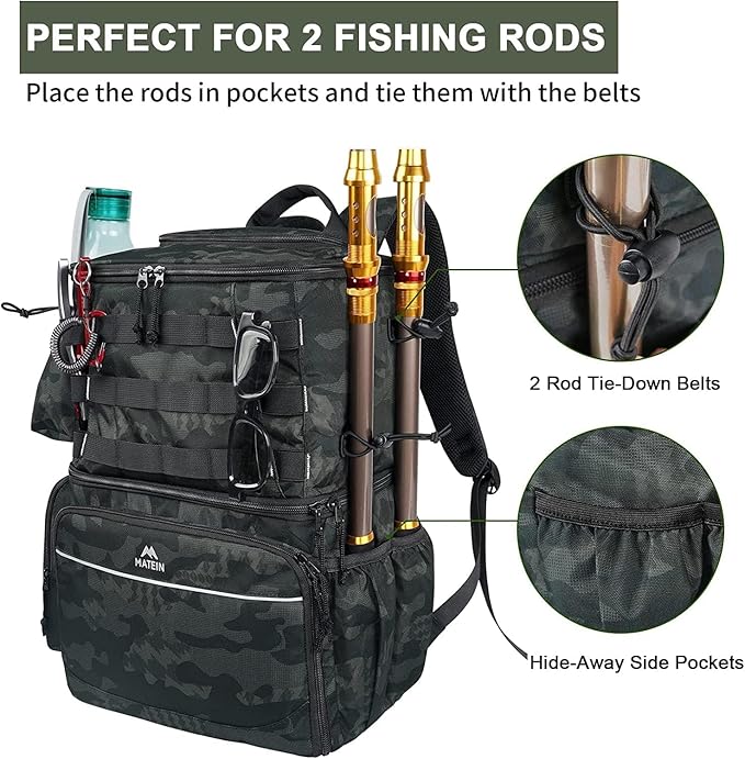 MATEIN Fishing Backpack, Water Resistant Tackle Storage Bag with Rod Holders & Cooler, Fishing Gifts for Men