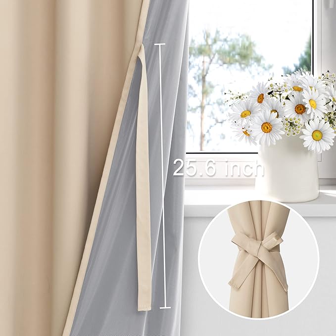 XWZO Total Blackout Curtains 84 Inches Long - Thermal Insulated Black Liner, Noise Reducing & Heat Blocking Drapes for Hall and Studio Windows with Tiebacks, Biscotti Beige, W38 x L84, Set of 2