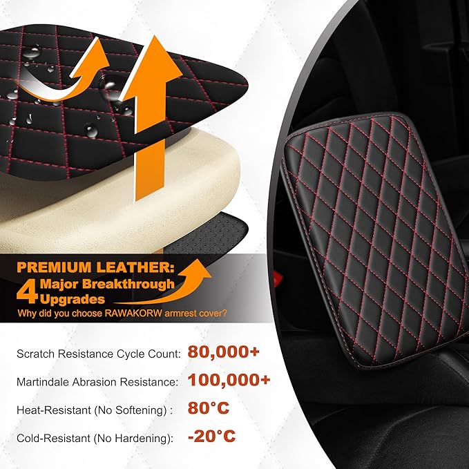 Center Console Cover for Cars Fit for Jeep Gladiator Leather Armrest Covers with 2 Storage Bags(Black&Red)