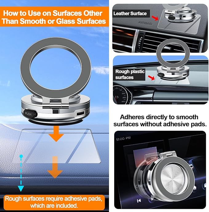 AICase Car Electric Suction Cup Vacuum Magnetic Phone Holder, 360° Rotatable Compatible with MagSafe, Magnet Cell Phone Car Mount for iPhone & Android, Includes Adhesive Pad for Uneven Surfaces