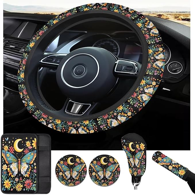 Butterfly Print Car Steering Wheel Cover 6 Pcs Flower Funny Car Interior Decor Cup Coaster Armrest Cover Fits Most Cars Trucks Vans and SUV