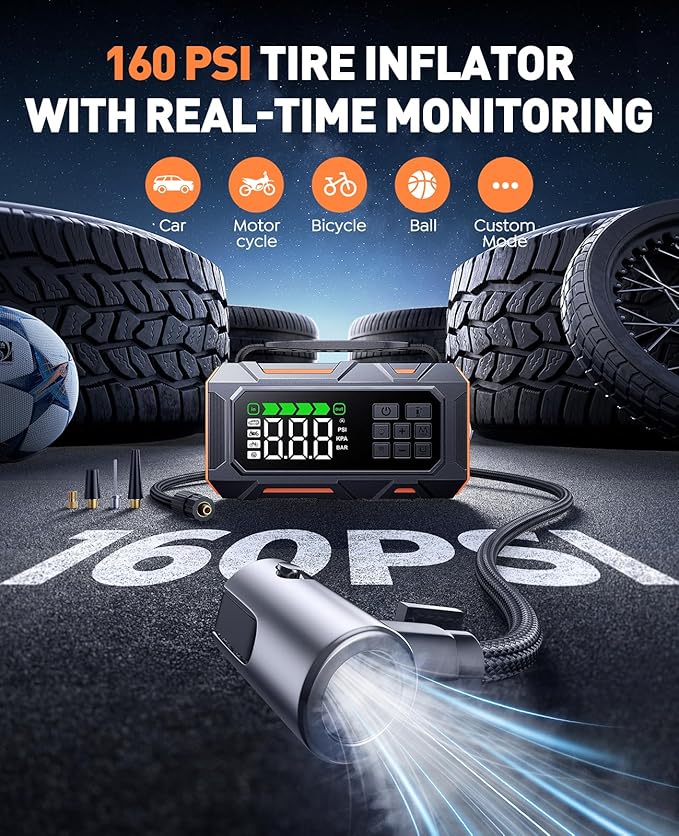 TREKURE 16-in-1 8000A Car Battery Jump Starter with Air Compressor 160PSI, Jump Starter Jump Box (All Gas 12L Diesel) with Portable Jumper Cables, Auto-Shutoff Tire Inflator, Gloves, Tow Rope