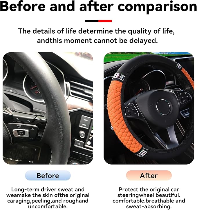 Bling Car Steering Wheel Cover, 15 Inch Rhinestones Soft Leather Elastic Steering Wheel Protector, Sparkly Crystal Diamond for Women Girls, Car Interior Accessories for Most Cars (Orange)