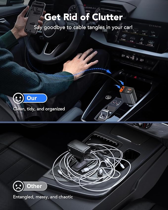 2026 Updated 78W Retractable Car Charger,4-in-1 Car Charger with 2.6ft Dual USB-C & Lightning Cables,2 Ports Car Accessories Fast Charging,180° Rotation Car Charger for iPhone, Samsung,Galaxy, Pixel