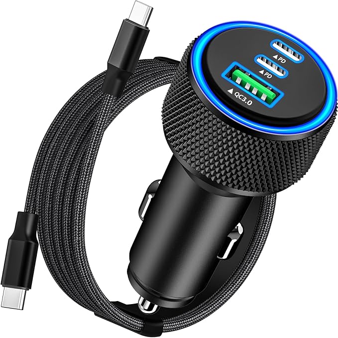 [Apple MFi Certified] iPhone 17 Car Charger Fast Charging, KYOHAYA 3-Port 67W PD/QC Car Power Adapter USB-C Charger Cigarette Lighter + Type-C Braided Cord for iPhone 17/17 Pro/16 Pro/15/Galaxy/Pixel
