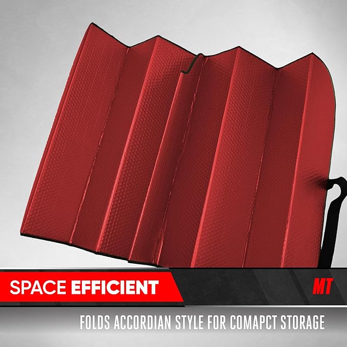 Motor Trend Red Accordion Folding Car Windshield Sun Shade - Blackout Sun Visor for Car Windshield - Foldable Jumbo Sunshade and Front Window Truck Sun Screen for UV Sun Protection - 66 x 27