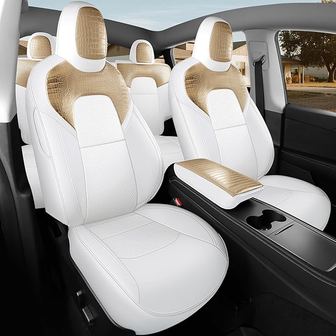 for Tesla Model Y Car Seat Cover Custom Fit 2020 2021 2022 2023 2024 Crocodile and Nappa Leather Seat Cover Full Set Interior Accessories (Crocodile Skin Golden+White)